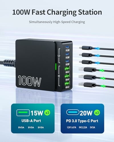 100W fast charging station with multiple USB-A and PD Type-C ports.