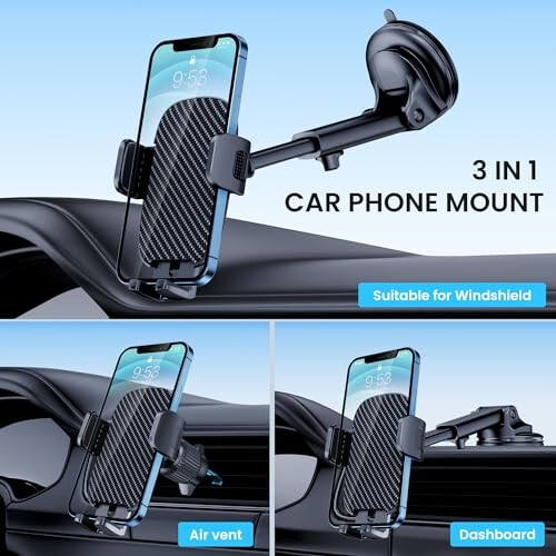 3 in 1 car phone mount for windshield, air vent, and dashboard.