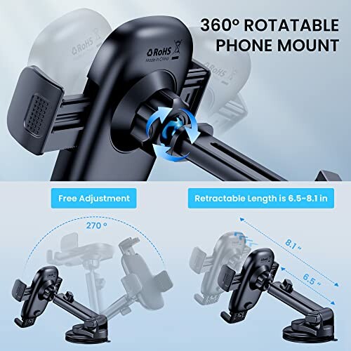 360-degree rotatable phone mount with adjustable length and angle.