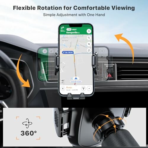 Car phone mount with flexible rotation and navigation app display.