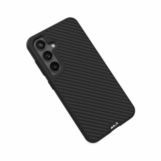 Black carbon fiber phone case for smartphone with triple camera.