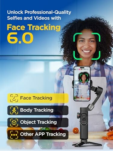 Woman using smartphone gimbal with face tracking technology.