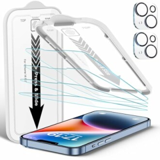 iPhone screen protector kit with installation guide and camera lens covers.