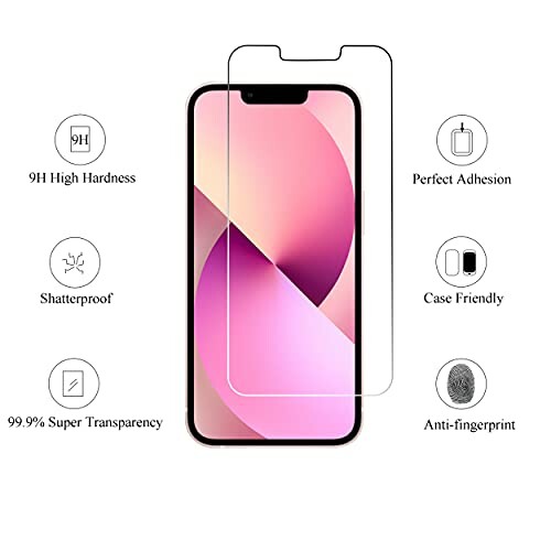 iPhone screen protector with features like high hardness, shatterproof, super transparency, perfect adhesion, case friendly, and anti-fingerprint.