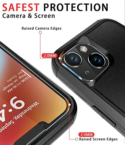 Phone case with raised edges protecting camera and screen.