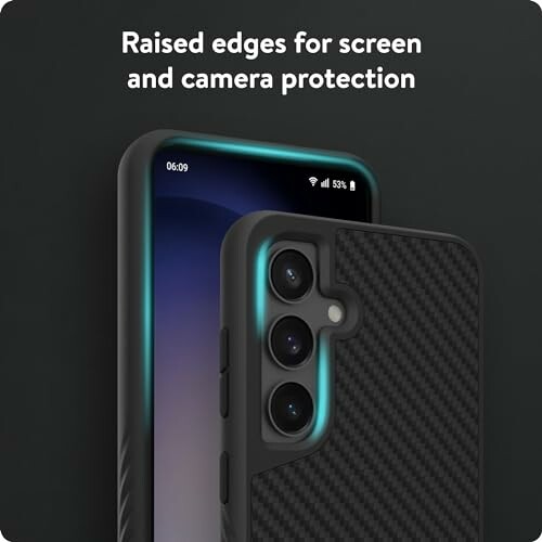 Phone case with raised edges for screen and camera protection.