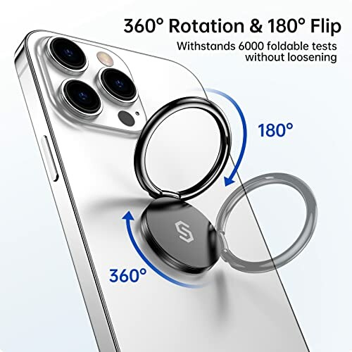 Phone ring holder with 360-degree rotation and 180-degree flip capability attached to a smartphone.