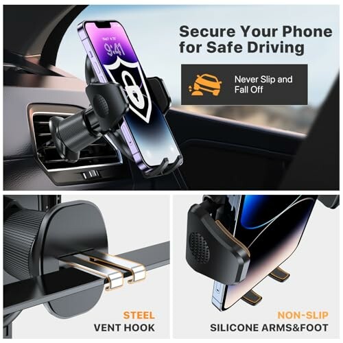 Car phone mount with secure grip and non-slip features.