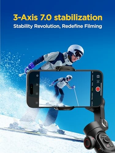 Person skiing, mobile stabilization feature highlighted on phone screen