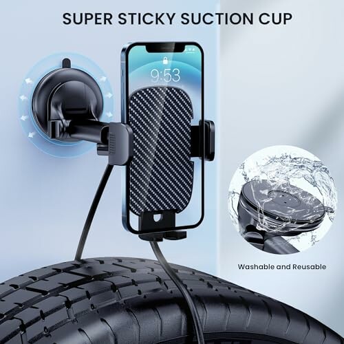 Phone holder with super sticky suction cup and washable feature.