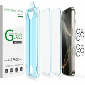 Tempered glass screen protector pack with installation frame and camera lens covers.