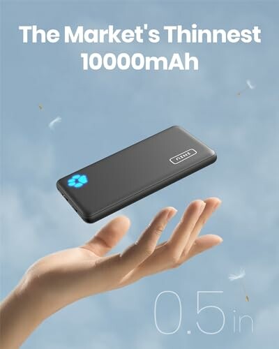 Thin 10000mAh power bank floating above a hand