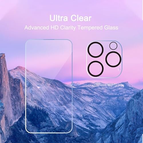 Tempered glass screen protector and camera lens cover with mountain background.