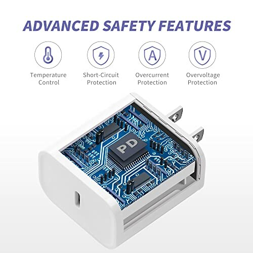 USB charger with advanced safety features including temperature control, short-circuit protection, overcurrent protection, and overvoltage protection.