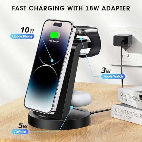 Wireless charging station for phone, Apple Watch, and AirPods with 18W adapter.