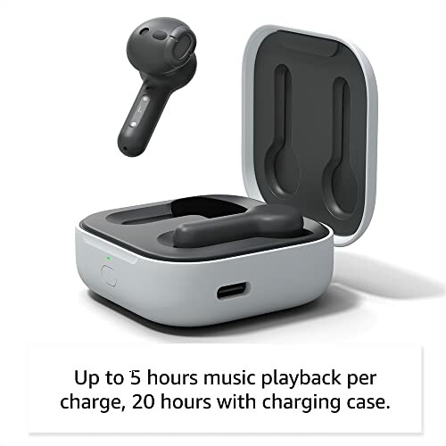 Wireless earbuds with charging case, 5 hours playback per charge, 20 hours total with case.