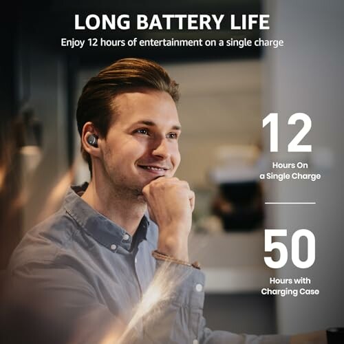 Man using wireless earbuds with long battery life.